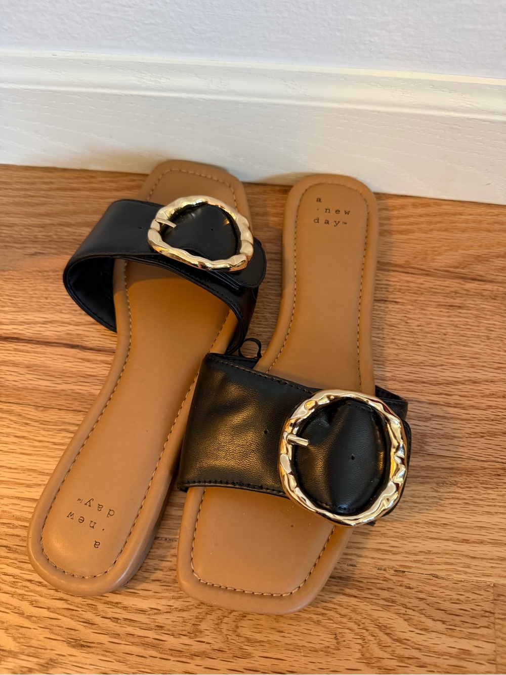 a new day Black Slide Mules with Gold Buckle